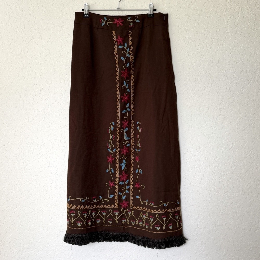 Vintage Wool Skirt Size 8 Boho Embroidered Hippie Midi Maxi Brown Fringe